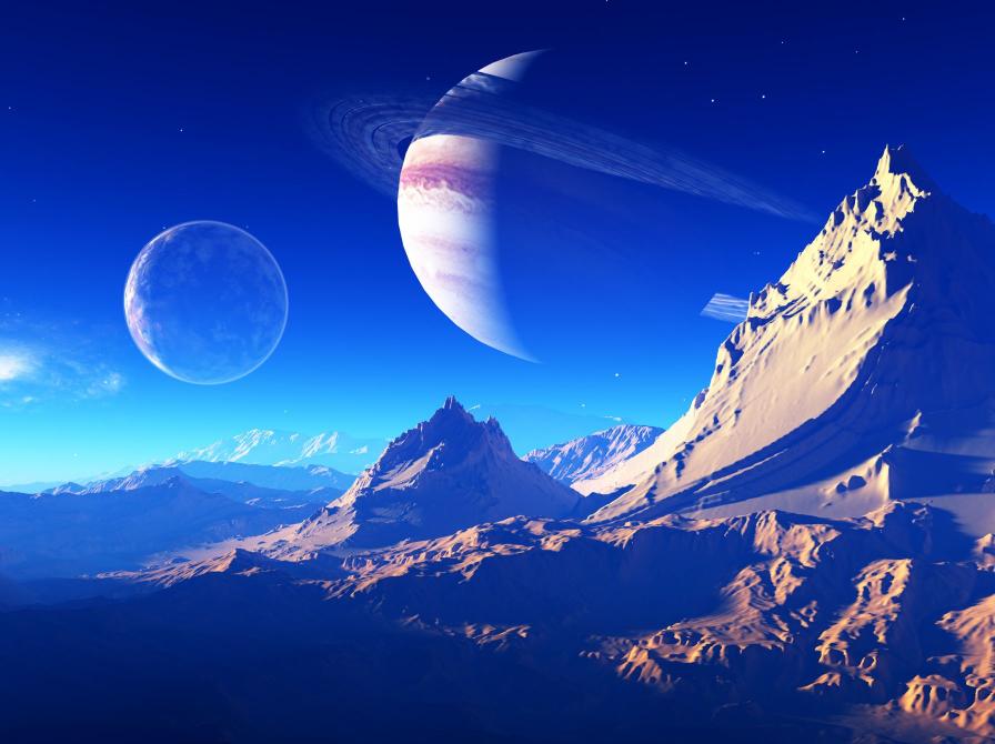Futuristisk bjerglandskab under en blå himmel med planeter og stjerner.